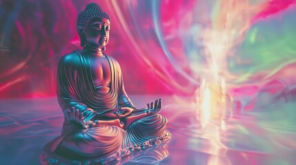 Meditative Buddha in Cosmic Radiance A Surreal Digital Artwork Depicting Spiritual Enlightenment and Inner Peace  The image showcases a Buddha figure in a state of deep meditation