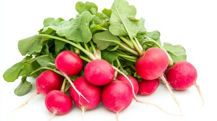 A fresh bunch of radishes with their bright red skins and green leaves, Each radish’s vibrant color and subtle imperfections captured with precision