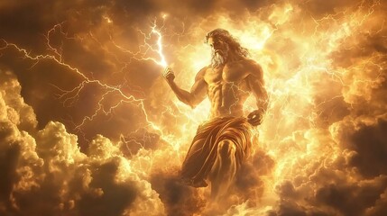Mighty Greek God Zeus Wielding Powerful Lightning Bolt Atop Legendary Mount Olympus Surrounded by Dramatic Storm Clouds and Golden Celestial Light