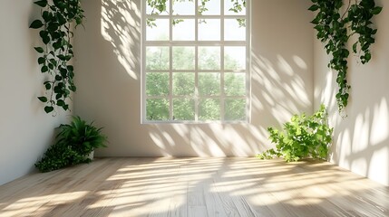  white empty room with shadow window and green plant on white wall luxury background and wooden floor 