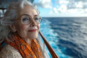 Elderly woman on cruise ship deck gazing out at the tranquil ocean
