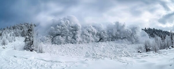 Avalanche thundering down snow-covered mountain winter landscape natural disaster viewpoint scenic environment