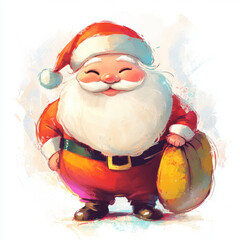 Obraz premium Cute Santa carrying gift bag. Christmas holiday greeting card design background template.