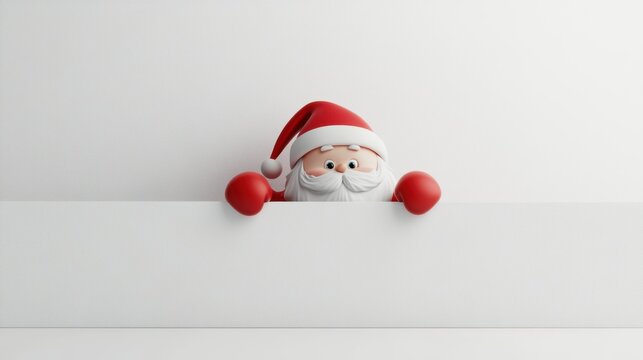Cute Santa peeping behind a board. Christmas holiday greeting card design background template.