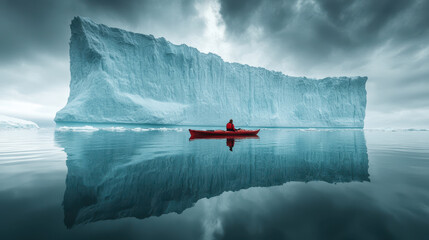 kayaker in red kayak paddles calmly near massive iceberg, reflecting in still waters. dramatic sky adds to serene yet awe inspiring atmosphere of this icy landscape