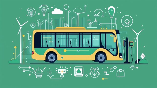 of an electric bus plugged into a charging station surrounded by clean energy icons and symbols representing sustainable transportation and renewable power