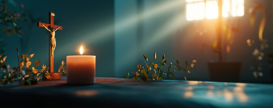 Reflective moment of holy saturday with candle and crucifix in peaceful room during sunset light