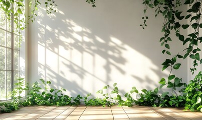  white empty room with shadow window and green plant on white wall luxury background and wooden floor 