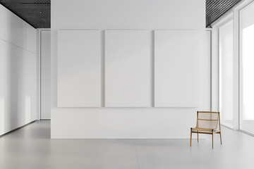 Fototapeta premium A minimalist art gallery featuring three empty white canvases on a sleek wall with a single wooden chair nearby, evoking tranquility.