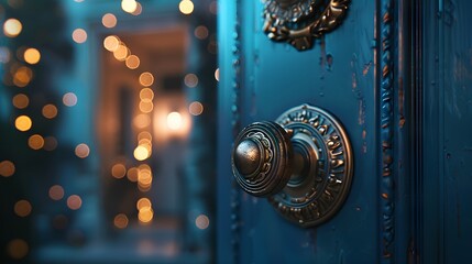 A close-up of a vintage-style doorknob on a dark blue door. There are blurry lights in the background.