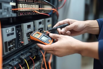 Electrical System Measurement with Multimeter in Server Room by Technician