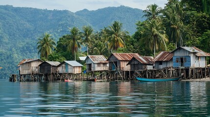 Naklejka premium Picturesque traditional stilt houses perched over a serene turquoise lagoon on a remote tropical island surrounded by lush palm trees and a peaceful idyllic atmosphere