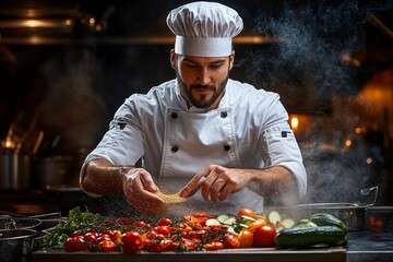 Handsome Male Chef Preparing Colorful Vegetable Salad in Professional Kitchen