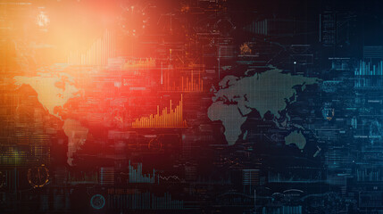 Obraz premium A world map with data visualizations, including glowing graphs and charts, illustrating global analytics and digital information network against a dark background.