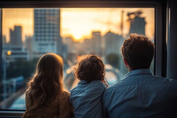 Obraz premium Family enjoys sunset views from train window while traveling through urban landscape with silhouettes of city skyline