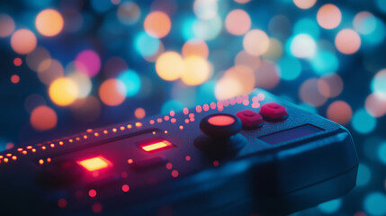 Retro gaming controller with neon bokeh background
