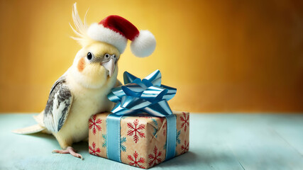 Obraz premium Cockatiel in Santa Hat with Christmas Gift Box on Yellow Background with Copy Space with Copy Space, Christmas Card, Holiday Banner, Wallpaper
