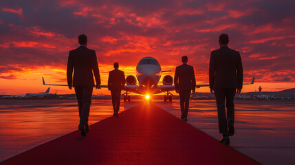 Business team walking towards private jet on red carpet at sunset, showcasing moment of success and luxury. vibrant sky enhances atmosphere of achievement and elegance