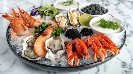 The image shows a luxurious seafood platter on ice, featuring lobster tails, prawns, oysters, caviar, lime wedges, and assorted sauces, elegantly presented on a marble surface.