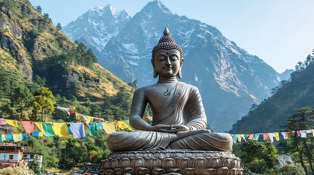Serene and tranquil Buddha statue surrounded by majestic Himalayan mountain peaks with colorful prayer flags fluttering in the wind creating a peaceful and spiritual atmosphere in the remote