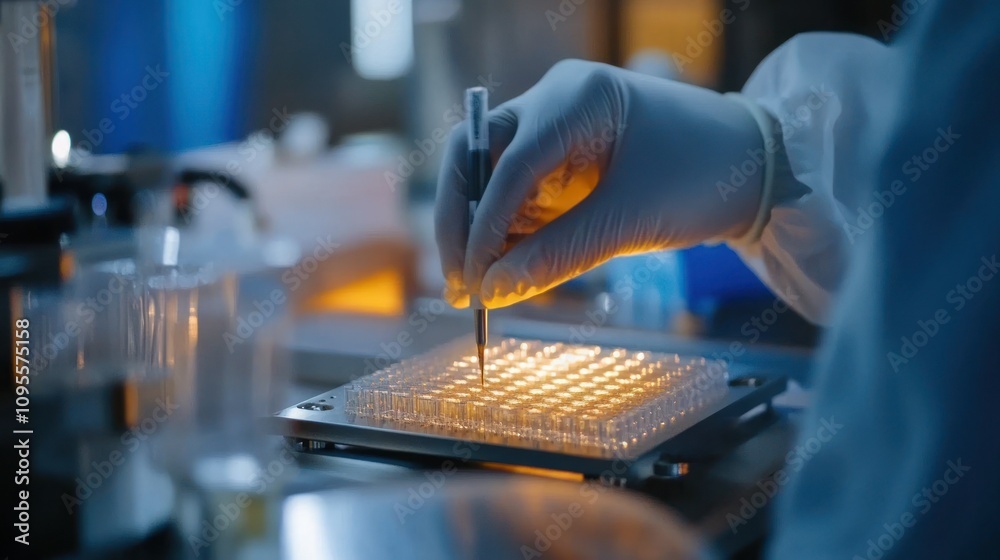 Fototapete gloved hand using a tool to fill a tray of small glass vials in a laboratory setting