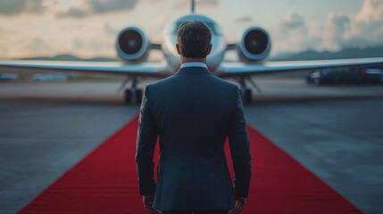 modern business executive in suit stands on red carpet, facing private jet. scene conveys luxury and success, with dramatic sky in background