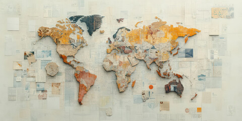A world map crafted from layered, textured materials on a backdrop of paper, showcasing a visually artistic and creative representation of global geography.