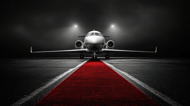 High contrast black and white image of private jet on runway, showcasing luxury and elegance. red carpet adds dramatic touch to scene - Powered by Adobe