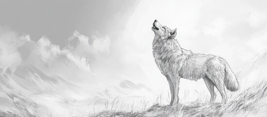 Fototapeta premium Realistic sketch of a wolf howling at the sky, detailed fur texture and rugged appearance 