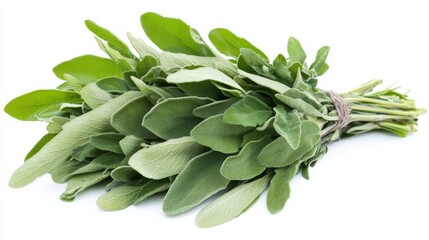 A fresh bunch of sage with its velvety green leaves and aromatic scent, Each leaf’s bright color and subtle imperfections captured with precision