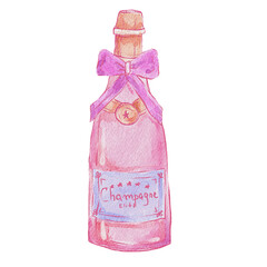Pink champagne bottle decorated with bow watercolor illustration