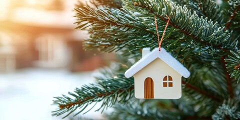 Christmas toy house ornament on a festive tree winter wonderland decorative gif cozy atmosphere holiday spirit