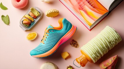 Running Shoe, Snacks, and a Book on a Pink Background