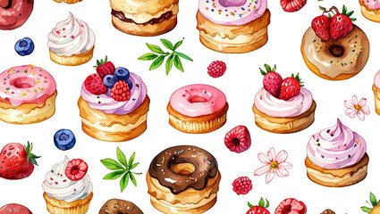 Delicious assortment of colorful donuts and pastries arranged on a white background for a delightful dessert showcase
