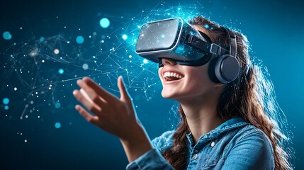 Immersive VR Experience Happy Woman Using Virtual Reality Headset