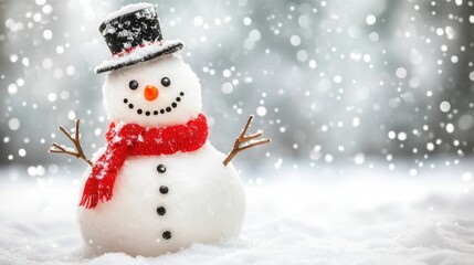 Obraz premium Charming Snowman Wearing a Classic Black Top Hat and Bright Red Scarf in a Winter Wonderland Scene with Falling Snow and Soft Focus Background