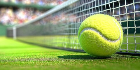 Yellow Tennis Ball Mid-Air Above Net on Vibrant Green Court