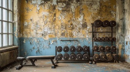 An abandoned gym with a weight bench and weight racks against a peeling wall.