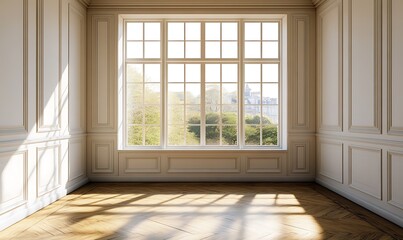 Obraz premium white empty room with shadow window and green plant on white wall luxury background and wooden floor 