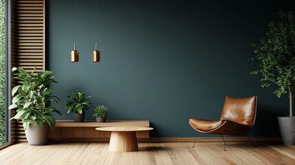 Obraz premium Modern Living Room with Dark Teal Wall and Brown Leather Chair