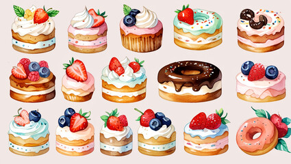 Delicious assortment of colorful donuts and pastries arranged on a white background for a delightful dessert showcase