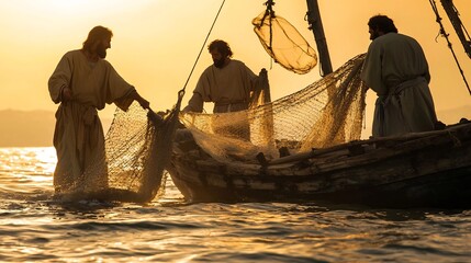 Traditional Fishermen Casting Nets into the Sea of Galilee as the Sun Sets Silhouetted Against the Peaceful Waterscape and Tranquil Natural Scenery