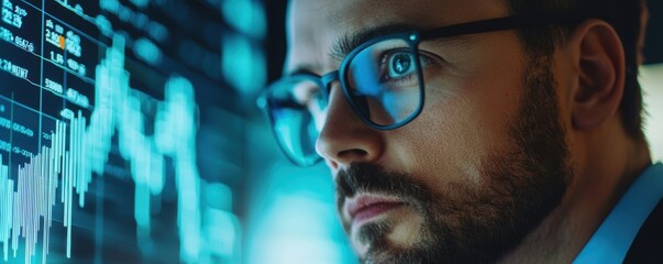 Financial analyst reviewing market data on a dense screen office professional close-up high-tech environment insightful view