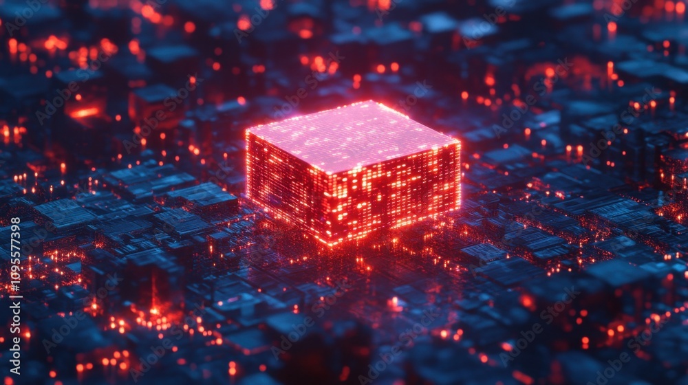 Poster Abstract Digital Cube Surrounded by a Vibrant Red and Blue Network of Nodes and Lights Representing Future Technology and Data Processing Concepts