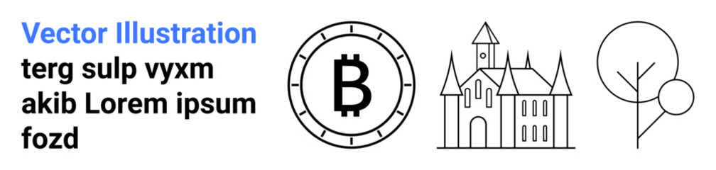 Bitcoin symbol in circle, Gothic-style castle, and minimalist tree. Ideal for cryptocurrency, architecture, minimalism, finance, technology, web design, branding Landing page