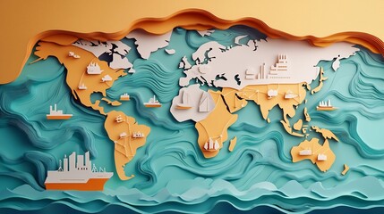 Vibrant layered paper cut style global map with various industry icons and connections representing the worldwide commercial landscape and international trade flow