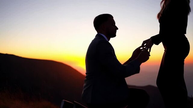 Silhouette of man and woman at sunset on mountain peak, romantic proposal moment.