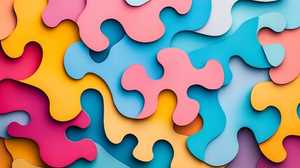 Vibrant Paper Cut Style Puzzle with Layered Geometric Shapes and Colors Scattered Around in a Captivating Abstract Pattern