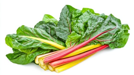 A fresh bunch of Swiss chard with its vibrant green leaves and colorful stalks, Each leaf’s bright green color and subtle imperfections captured with precision