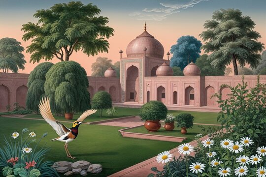 Enchanting Mughal Garden Scene Featuring Lark Daisy and Shrub Elements